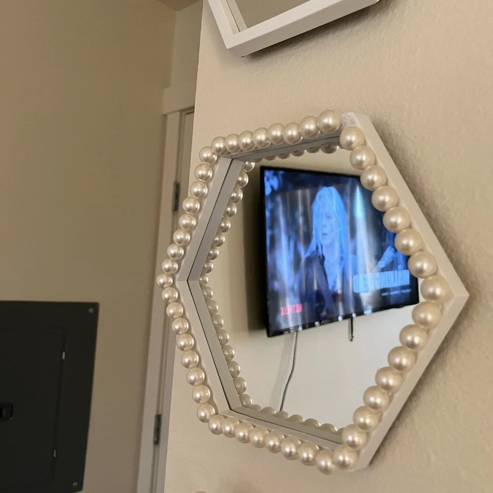 Hexagonal White Wall Mirrors with Pink Ribbon